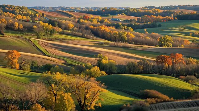 Rolling hills with patchwork farmland patterns