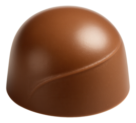 Milk chocolate bonbon with a smooth, rounded exterior and a subtle seam.