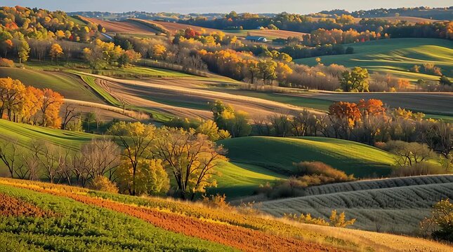 Rolling hills with patchwork farmland patterns