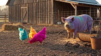 A surreal and colorful farm scene features a pig painted with purple and green stripes and three chickens dyed in vibrant magenta orange and blue colors - Powered by Adobe