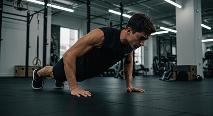 Focused Athlete Performing Intense Push-ups in a Modern Gym with Dramatic Lighting