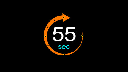 Abstract clock icon illustration. arrow clock  icon Digital and analog clock 55 sec isolated on black background. and creating a stunning illustration.4k illustration