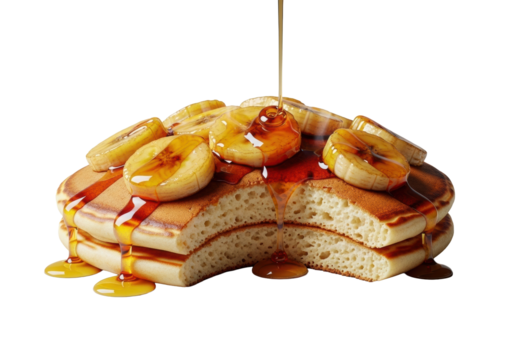 Ultra-macro, low-angle hero shot of a steaming banana pancake with a bite, fluffy crumb, caramelized bananas, dripping maple syrup on a pristine transparent background, concept of culinary delight