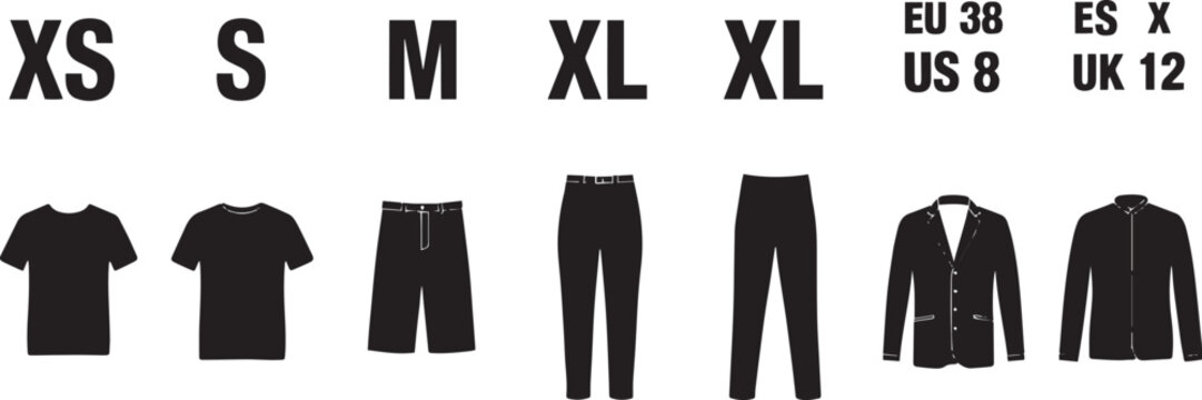 Black clothing silhouettes with size and international sizing labels