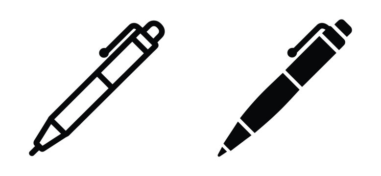 Vector art of two pen icons isolated on white background, one outlined and one solid black, showcasing different styles for writing, drawing, or office use in a minimalist and modern design