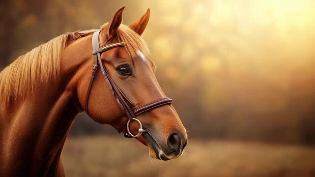 Brown horse with bridle in warm, soft light