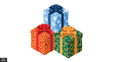 Festive Stacked Gift Boxes, Christmas, Holiday, Celebration, Presents, Isometric, Vector, Colorful, Bows, Patterns
