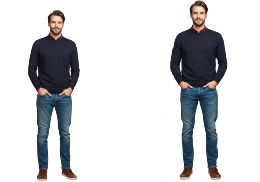 Two identical men in casual clothing standing side by side, isolated on transparent background