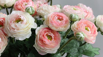 Close-up of a bouquet of artificial ranunculus flowers, soft pinks and creams