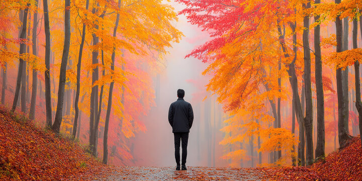 Man walking on autumn forest path with colorful orange and red leaves in foggy weather