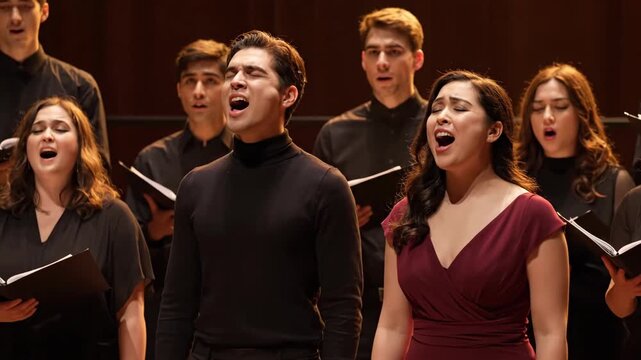 A diverse choir of young men and women sing with passion and emotion during a classical concert performance on stage holding their sheet music and wearing black