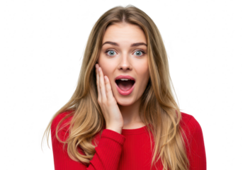 Surprised young woman with hand on her cheek isolated on transparent background