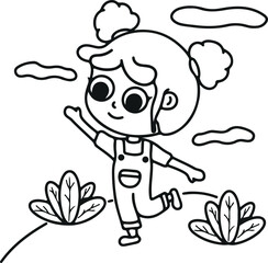 Fototapeta premium Cute Girl Gardening – Nature, Plant, Flower, Outdoor, Child, Cartoon, Illustration, Minimal, Outline, Happy, Fun, Kids, Activity, Growth, Playtime, Recreation, Gardening, Coloring Page