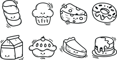 Dessert Food Icons – Cupcake, Cheese, Pie, Sweet, Snack, Bakery, Food, Tasty, Minimal, Cartoon, Illustration, Outline, Black and White, Cafe, Cooking, Delicious, Doodle, Coloring Page