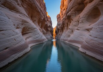 Golden Hour Light Illuminates a Serene Slot Canyon with Teal Water Reflections