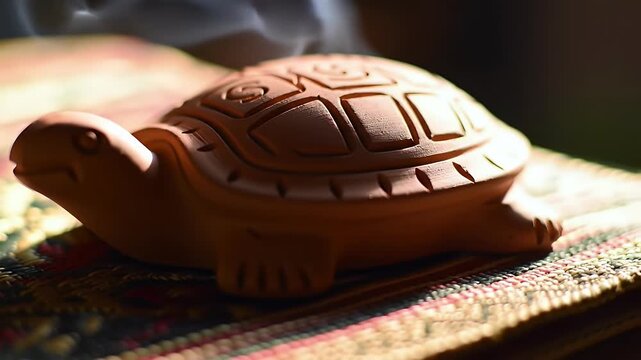 Terracotta turtle incense burner, emitting fragrant smoke, rests on a textured surface.