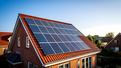 Fototapeta premium Modern Solar Panels on the Red Tiled Roof of a Brick House on a Sunny Day