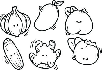Cute Fruit and Animal Faces – Cartoon, Illustration, Fun, Minimal, Outline, Playful, Drawing, Nature, Food, Cute, Kids, Happy, Character, Line Art, Educational, Doodle, Sketch, Coloring Page