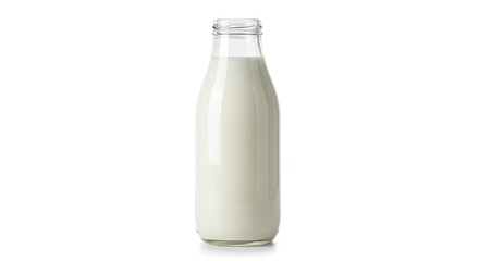 A clear glass bottle filled with milk on a plain white background