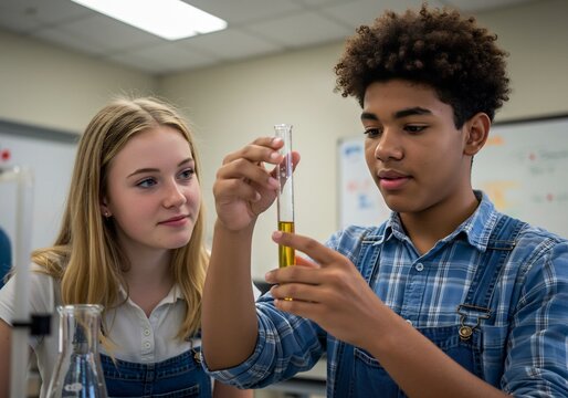 Collaborative Discovery: Diverse High School Students Analyzing a Test Tube in a Lab