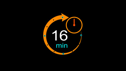 Abstract clock icon illustration. arrow Clock  icon Digital and analog clock 16 minutes isolated on black background. and creating a stunning illustration.4k illustration	
