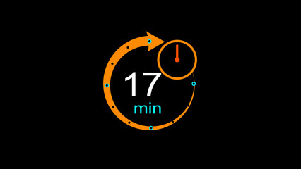 Abstract clock icon illustration. arrow Clock  icon Digital and analog clock 17 minutes isolated on black background. and creating a stunning illustration.4k illustration	
