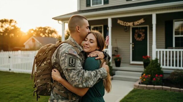 A loving wife emotionally welcomes her soldier husband home from deployment with a warm hug outside their house at sunset making for a heartfelt military reunion