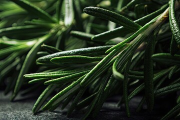Close-up of vibrant green rosemary sprigs, showcasing their needle-like leaves and subtle texture on a dark background