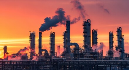 Fototapeta premium Wideangle view of refinery with multiple smokestacks releasing steam against vibrant sunrise sky.