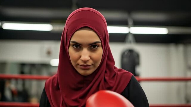 A strong and determined muslim woman in a red hijab and boxing gloves stands fiercely in a boxing ring ready to fight and break stereotypes