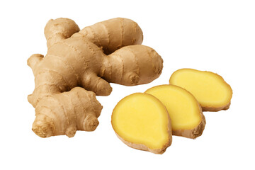 Fresh organic ginger root with sliced pieces isolated on white background, perfect for cooking,...
