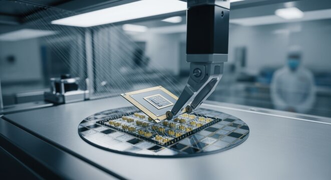 Highmagnification view of waferlevel LIDAR packaging showcasing microchip alignment and bonding under a laminar flow hood in a cleanroom.