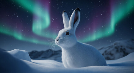  Enchanted Arctic hare amidst whispering snowfields and dancing aurora lights: a dreamlike close-up in a frozen wonderland.