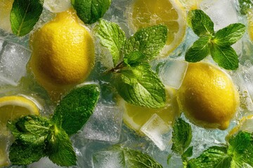 Close-up overhead shot of vibrant yellow lemons and fresh green mint leaves nestled amongst melting ice cubes