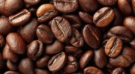 Close-up shot of numerous dark brown roasted coffee beans, filling the frame, showcasing their rich color and texture