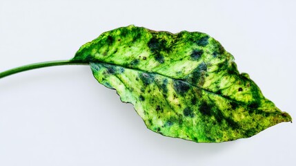 Abstract close-up of a wilting green leaf with dark spots, starkly contrasted against a sterile white background.