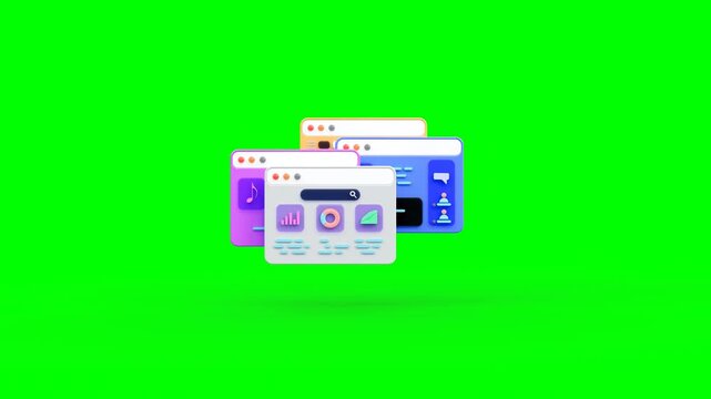 3D Animated Scene of Different Website Designs or Browser Tabs Browsed, Grouped and Rearranged With Mouse Pointer on Green Background.