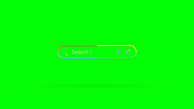 3D Animated Search Bar With Icons of Text, Voice, and Image Search and Flickering Cursor on Green Background.