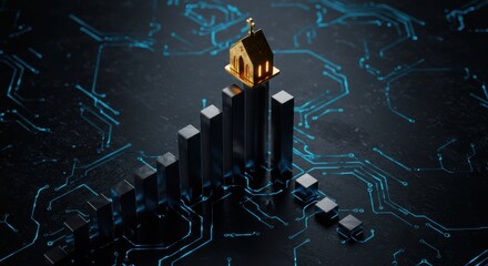 Golden illuminated church on top of a rising bar graph with circuit board background. Concept of religious influence and growth.