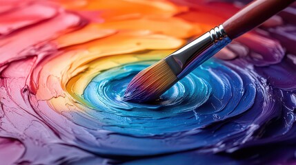 Fototapeta premium Paintbrush mixing vibrant rainbow oil paints on palette.
