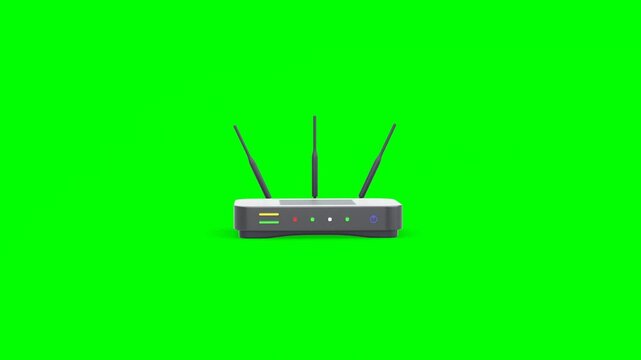 3D Animated WiFi Router With Three Antennas and Blinking Indicator Lights on Green Background.
