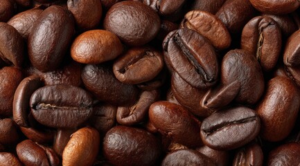 Close-up view of numerous dark brown roasted coffee beans, varying slightly in shade and size, filling the frame completely