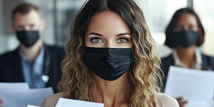 Focused Woman Wearing Black Face Mask with Colleagues in Background - Powered by Adobe