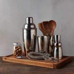 Cocktail shaker set on wooden tray with nuts, includes jigger, strainer, spoons
