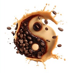 Coffee and cream yin-yang splash with beans, forming a dynamic, swirling symbol against a white backdrop
