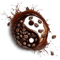Coffee bean yin-yang symbol formed by a splash of dark liquid, surrounded by scattered beans on a white background