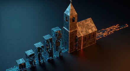 Data path leading to a church made of circuits and microchips. Concept of religion, technology, and digitalization.