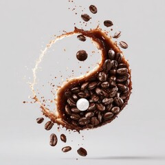 Coffee beans and liquid form a yin-yang symbol in a splash, with individual beans suspended in the air