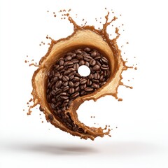 Coffee beans and liquid forming a yin-yang symbol mid-splash against a white background