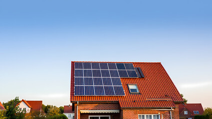 Naklejka premium Modern Solar Panels on the Red Tiled Roof of a Brick House on a Sunny Day